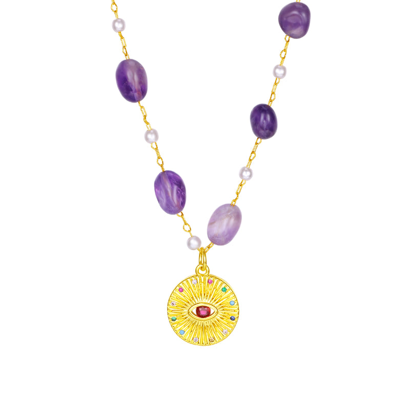 Higher Communication Amethyst Evil Eye Pendant Necklace